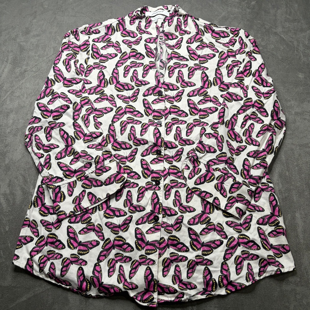 Foxcroft NYC Shirt Womens 14 Pink Butterfly Wrinkle Free Fitted No Collar Button